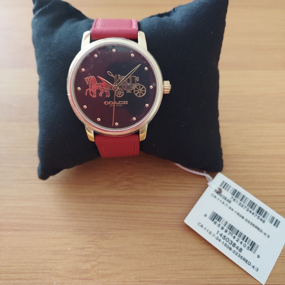 Coach Red Leather Watch with Silver Case and Unique Design - Picture 2 of 2